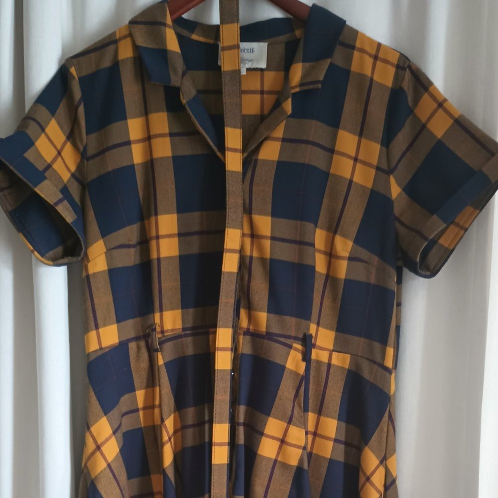 Collectif / Top Vintage Caterina mustard and navy plaid swing dress size UK 18